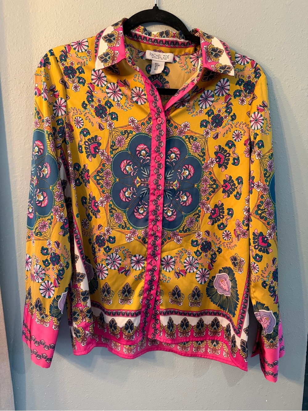 Rachel Zoe Silk Feel Printed Button Front Blouse Size S Boho Medallion Floral